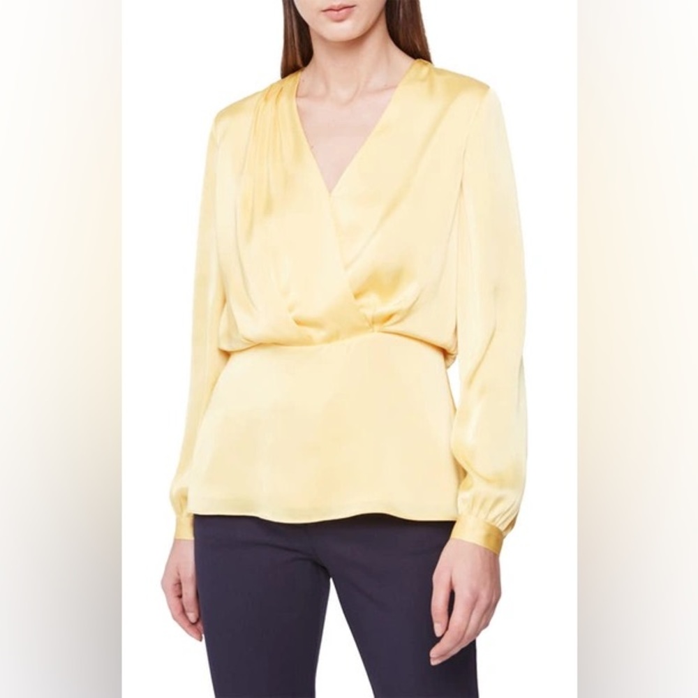 Reiss Miranda Satin Surplice Blouse Womens 8 Yellow V Neck Open Back Classy